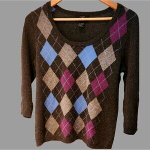 L Pure Cashmere Argyle Pattern Women's‎ Sweater Cozy 3/4 Length Sleeve